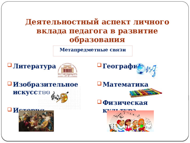 Деятельностный аспект личного вклада педагога в развитие образования Метапредметные связи География Литература   Математика Изобразительное искусство   История Физическая культура 