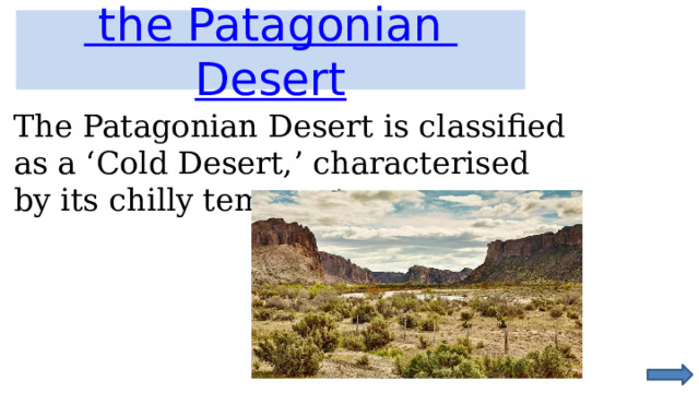  the Patagonian  Desert The Patagonian Desert is classified as a ‘Cold Desert,’ characterised by its chilly temperatures  