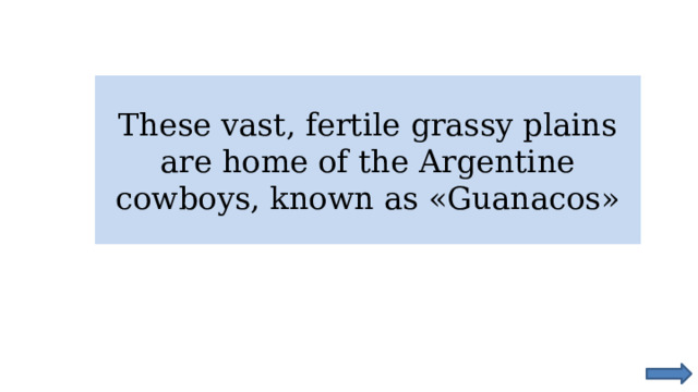 These vast, fertile grassy plains are home of the Argentine cowboys, known as «Guanacos» 