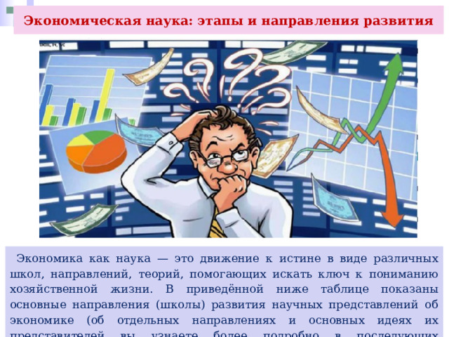 Экономическая наука: этапы и направления развития  Экономика как наука — это движение к истине в виде различных школ, направлений, теорий, помогающих искать ключ к пониманию хозяйственной жизни. В приведённой ниже таблице показаны основные направления (школы) развития научных представлений об экономике (об отдельных направлениях и основных идеях их представителей вы узнаете более подробно в последующих материалах главы). 