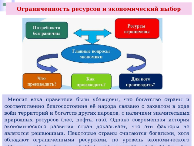 Ограниченность ресурсов и экономический выбор  Многие века правители были убеждены, что богатство страны и соответственно благосостояние её народа связано с захватом в ходе войн территорий и богатств других народов, с наличием значительных природных ресурсов (лес, нефть, газ). Однако современная история экономического развития стран доказывает, что эти факторы не являются решающими. Некоторые страны считаются богатыми, хотя обладают ограниченными ресурсами, но уровень экономического развития позволяет им гораздо продуктивнее использовать эти незначительные ресурсы. 