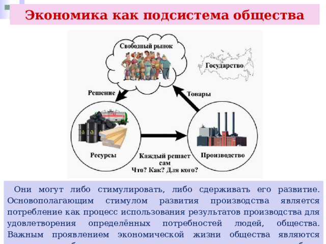Экономика как подсистема общества  Они могут либо стимулировать, либо сдерживать его развитие. Основополагающим стимулом развития производства является потребление как процесс использования результатов производства для удовлетворения определённых потребностей людей, общества. Важным проявлением экономической жизни общества являются отношения обмена между людьми, выступающие как обмен деятельностью, товарами и услугами. 
