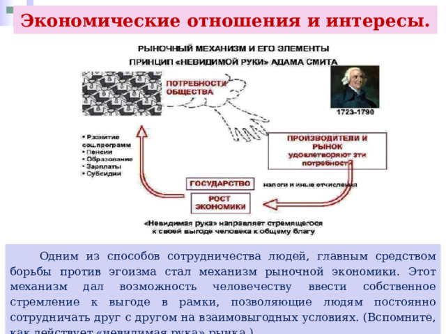 Экономические отношения и интересы.  Одним из способов сотрудничества людей, главным средством борьбы против эгоизма стал механизм рыночной экономики. Этот механизм дал возможность человечеству ввести собственное стремление к выгоде в рамки, позволяющие людям постоянно сотрудничать друг с другом на взаимовыгодных условиях. (Вспомните, как действует «невидимая рука» рынка.) 
