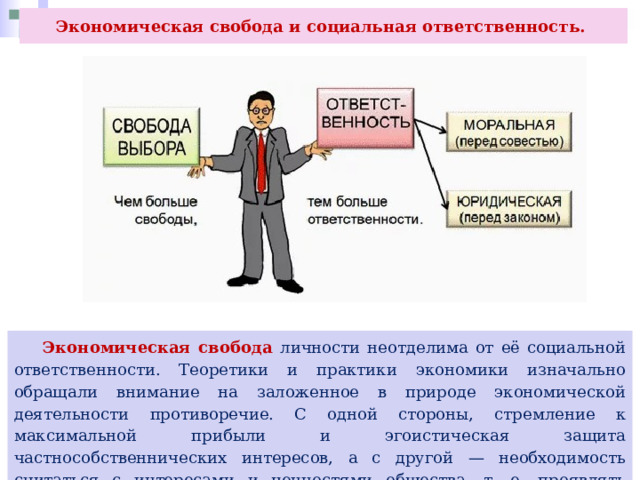 Экономическая свобода и социальная ответственность.  Экономическая свобода личности неотделима от её социальной ответственности. Теоретики и практики экономики изначально обращали внимание на заложенное в природе экономической деятельности противоречие. С одной стороны, стремление к максимальной прибыли и эгоистическая защита частнособственнических интересов, а с другой — необходимость считаться с интересами и ценностями общества, т. е. проявлять социальную ответственность. 