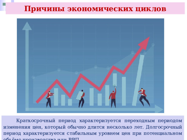 Причины экономических циклов  Краткосрочный период характеризуется переходным периодом изменения цен, который обычно длится несколько лет. Долгосрочный период характеризуется стабильным уровнем цен при потенциальном объёме производства или ВВП. 