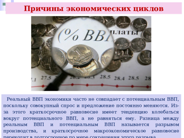 Причины экономических циклов  Реальный ВВП экономики часто не совпадает с потенциальным ВВП, поскольку совокупный спрос и предложение постоянно меняются. Из-за этого краткосрочное равновесие имеет тенденцию колебаться вокруг потенциального ВВП, а не равняться ему. Разница между реальным ВВП и потенциальным ВВП называется разрывом производства, и краткосрочное макроэкономическое равновесие переходит в долгосрочное по мере сокращения этого разрыва. 