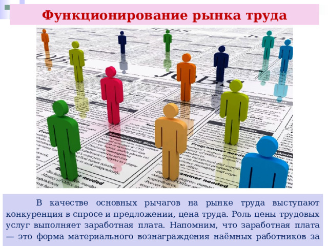 Функционирование рынка труда  В качестве основных рычагов на рынке труда выступают конкуренция в спросе и предложении, цена труда. Роль цены трудовых услуг выполняет заработная плата. Напомним, что заработная плата — это форма материального вознаграждения наёмных работников за их труд. 