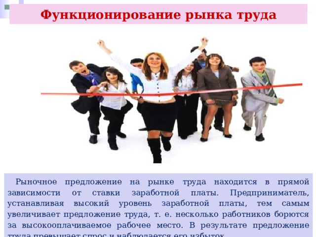 Функционирование рынка труда  Рыночное предложение на рынке труда находится в прямой зависимости от ставки заработной платы. Предприниматель, устанавливая высокий уровень заработной платы, тем самым увеличивает предложение труда, т. е. несколько работников борются за высокооплачиваемое рабочее место. В результате предложение труда превышает спрос и наблюдается его избыток. 