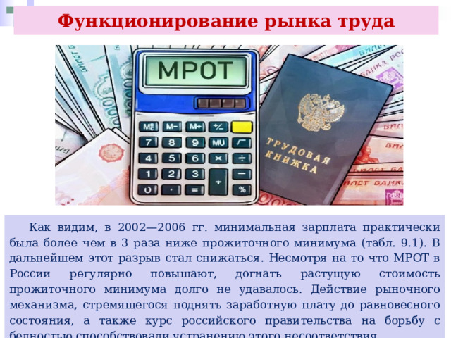 Функционирование рынка труда  Как видим, в 2002—2006 гг. минимальная зарплата практически была более чем в 3 раза ниже прожиточного минимума (табл. 9.1). В дальнейшем этот разрыв стал снижаться. Несмотря на то что МРОТ в России регулярно повышают, догнать растущую стоимость прожиточного минимума долго не удавалось. Действие рыночного механизма, стремящегося поднять заработную плату до равновесного состояния, а также курс российского правительства на борьбу с бедностью способствовали устранению этого несоответствия. 