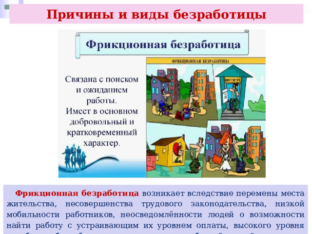 Причины и виды безработицы  Фрикционная безработица возникает вследствие перемены места жительства, несовершенства трудового законодательства, низкой мобильности работников, неосведомлённости людей о возможности найти работу с устраивающим их уровнем оплаты, высокого уровня пособия по безработице по сравнению с заработной платой. 