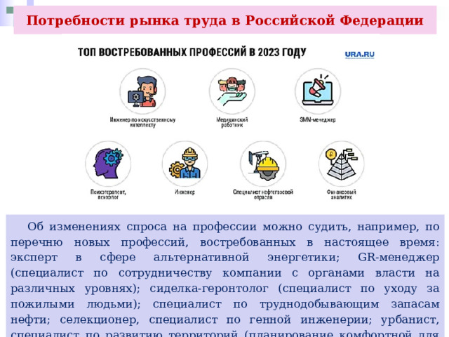 Потребности рынка труда в Российской Федерации  Об изменениях спроса на профессии можно судить, например, по перечню новых профессий, востребованных в настоящее время: эксперт в сфере альтернативной энергетики; GR-менеджер (специалист по сотрудничеству компании с органами власти на различных уровнях); сиделка-геронтолог (специалист по уходу за пожилыми людьми); специалист по труднодобывающим запасам нефти; селекционер, специалист по генной инженерии; урбанист, специалист по развитию территорий (планирование комфортной для проживания городской среды). 