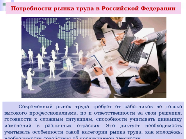 Потребности рынка труда в Российской Федерации   Современный рынок труда требует от работников не только высокого профессионализма, но и ответственности за свои решения, готовности к сложным ситуациям, способности учитывать динамику изменений в различных отраслях. Это диктует необходимость учитывать особенности такой категории рынка труда, как молодёжь, необходимости содействия её продуктивной занятости. 