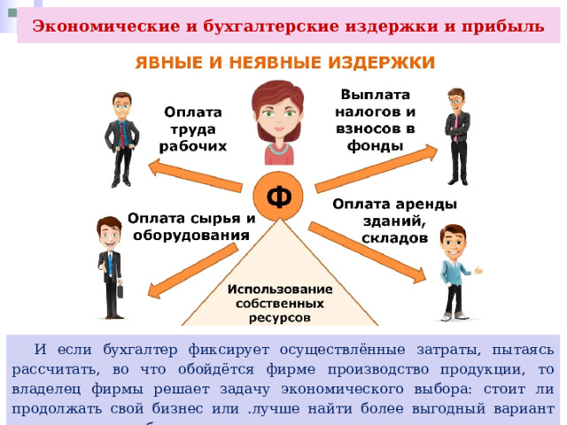 Экономические и бухгалтерские издержки и прибыль  И если бухгалтер фиксирует осуществлённые затраты, пытаясь рассчитать, во что обойдётся фирме производство продукции, то владелец фирмы решает задачу экономического выбора: стоит ли продолжать свой бизнес или .лучше найти более выгодный вариант использования собственных ресурсов. 