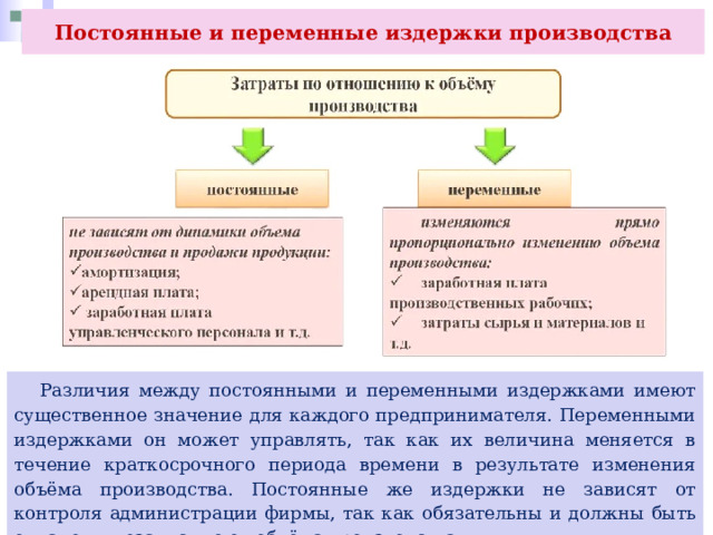 Постоянные и переменные издержки производства  Различия между постоянными и переменными издержками имеют существенное значение для каждого предпринимателя. Переменными издержками он может управлять, так как их величина меняется в течение краткосрочного периода времени в результате изменения объёма производства. Постоянные же издержки не зависят от контроля администрации фирмы, так как обязательны и должны быть оплачены независимо от объёма производства. 