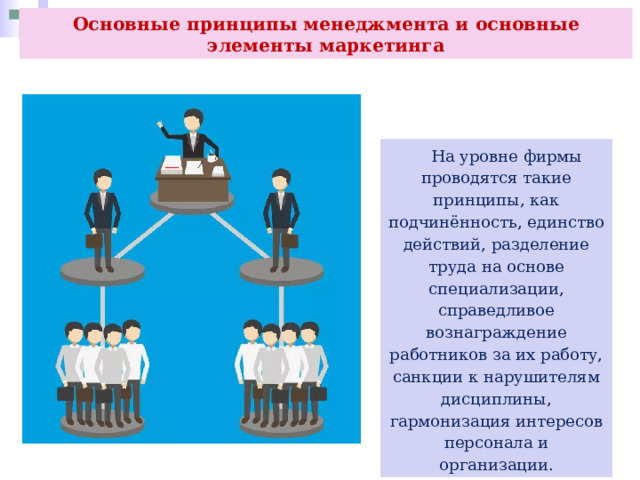Основные принципы менеджмента и основные элементы маркетинга  На уровне фирмы проводятся такие принципы, как подчинённость, единство действий, разделение труда на основе специализации, справедливое вознаграждение работников за их работу, санкции к нарушителям дисциплины, гармонизация интересов персонала и организации. 