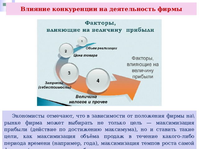 Влияние конкуренции на деятельность фирмы  Экономисты отмечают, что в зависимости от положения фирмы на\ рынке фирма может выбирать не только цель — максимизация прибыли (действие по достижению максимума), но и ставить такие цели, как максимизация объёма продаж в течение какого-либо периода времени (например, года), максимизация темпов роста самой фирмы (числа занятых работников, величины производственных мощностей и др.). 