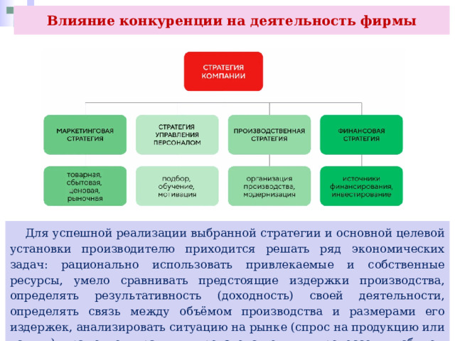 Влияние конкуренции на деятельность фирмы  Для успешной реализации выбранной стратегии и основной целевой установки производителю приходится решать ряд экономических задач: рационально использовать привлекаемые и собственные ресурсы, умело сравнивать предстоящие издержки производства, определять результативность (доходность) своей деятельности, определять связь между объёмом производства и размерами его издержек, анализировать ситуацию на рынке (спрос на продукцию или услуги), грамотно управлять производственным процессом и сбытом готовой продукции на рынке и др. 