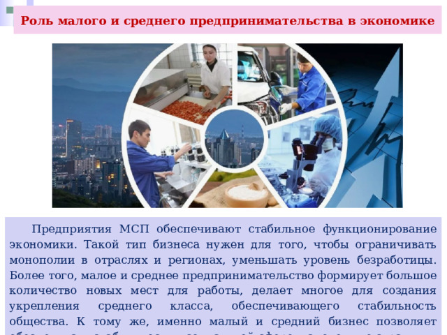 Роль малого и среднего предпринимательства в экономике  Предприятия МСП обеспечивают стабильное функционирование экономики. Такой тип бизнеса нужен для того, чтобы ограничивать монополии в отраслях и регионах, уменьшать уровень безработицы. Более того, малое и среднее предпринимательство формирует большое количество новых мест для работы, делает многое для создания укрепления среднего класса, обеспечивающего стабильность общества. К тому же, именно малый и средний бизнес позволяет обеспечивать стабильность в социальной сфере и экономике страны. 