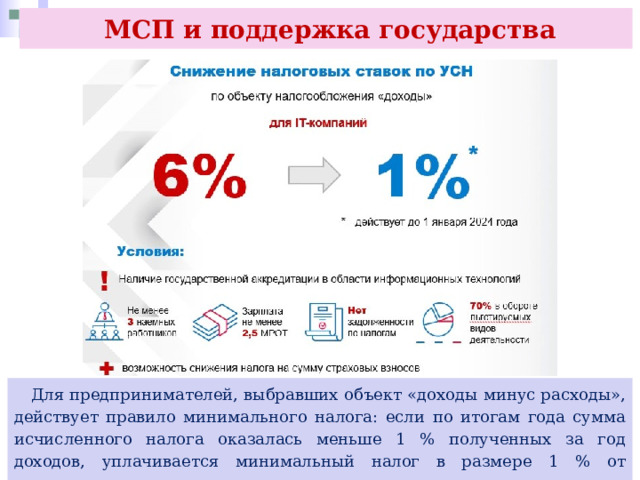  МСП и поддержка государства  Для предпринимателей, выбравших объект «доходы минус расходы», действует правило минимального налога: если по итогам года сумма исчисленного налога оказалась меньше 1 % полученных за год доходов, уплачивается минимальный налог в размере 1 % от полученных доходов. 