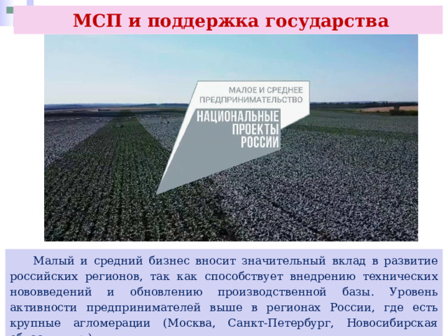  МСП и поддержка государства  Малый и средний бизнес вносит значительный вклад в развитие российских регионов, так как способствует внедрению технических нововведений и обновлению производственной базы. Уровень активности предпринимателей выше в регионах России, где есть крупные агломерации (Москва, Санкт-Петербург, Новосибирская область и др.). 