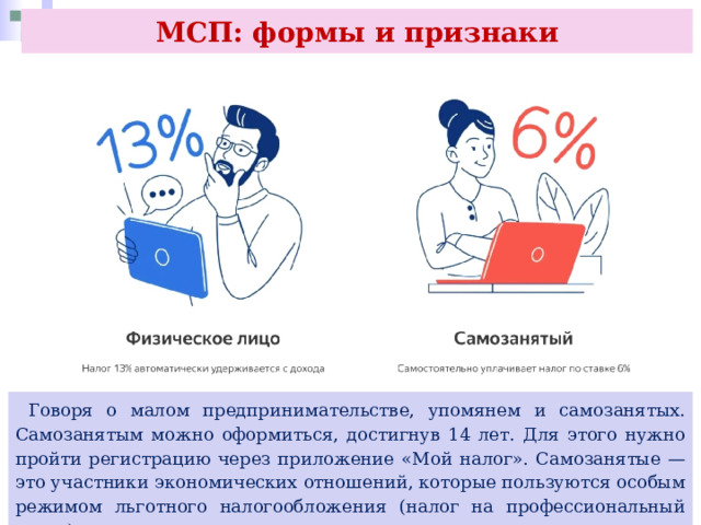 МСП: формы и признаки  Говоря о малом предпринимательстве, упомянем и самозанятых. Самозанятым можно оформиться, достигнув 14 лет. Для этого нужно пройти регистрацию через приложение «Мой налог». Самозанятые — это участники экономических отношений, которые пользуются особым режимом льготного налогообложения (налог на профессиональный доход). 
