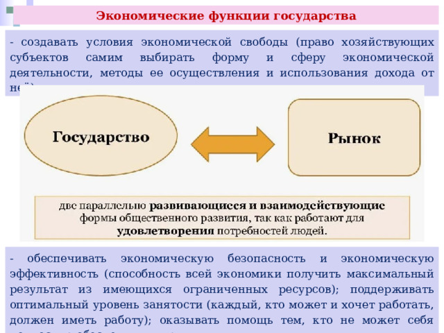 Экономические функции государства - создавать условия экономической свободы (право хозяйствующих субъектов самим выбирать форму и сферу экономической деятельности, методы ее осуществления и использования дохода от неё); - обеспечивать экономическую безопасность и экономическую эффективность (способность всей экономики получить максимальный результат из имеющихся ограниченных ресурсов); поддерживать оптимальный уровень занятости (каждый, кто может и хочет работать, должен иметь работу); оказывать помощь тем, кто не может себя полностью обеспечить, и др. 
