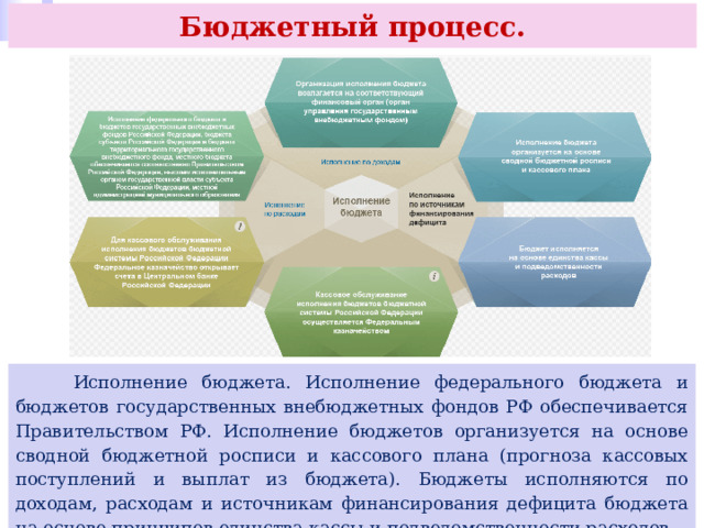 Бюджетный процесс.  Исполнение бюджета. Исполнение федерального бюджета и бюджетов государственных внебюджетных фондов РФ обеспечивается Правительством РФ. Исполнение бюджетов организуется на основе сводной бюджетной росписи и кассового плана (прогноза кассовых поступлений и выплат из бюджета). Бюджеты исполняются по доходам, расходам и источникам финансирования дефицита бюджета на основе принципов единства кассы и подведомственности расходов. 