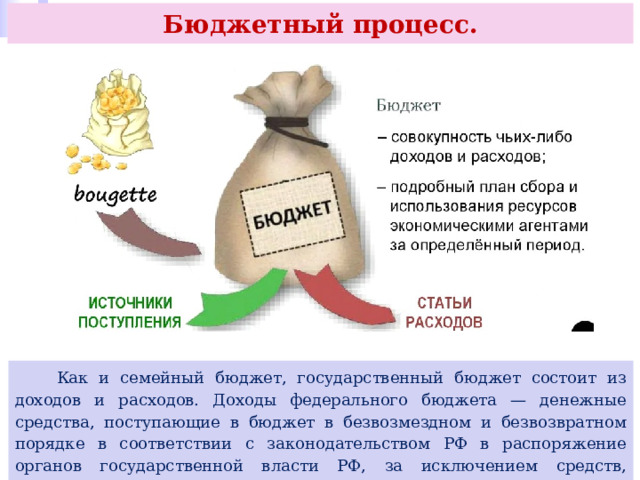Бюджетный процесс.  Как и семейный бюджет, государственный бюджет состоит из доходов и расходов. Доходы федерального бюджета — денежные средства, поступающие в бюджет в безвозмездном и безвозвратном порядке в соответствии с законодательством РФ в распоряжение органов государственной власти РФ, за исключением средств, являющихся источниками финансирования дефицита бюджета. 