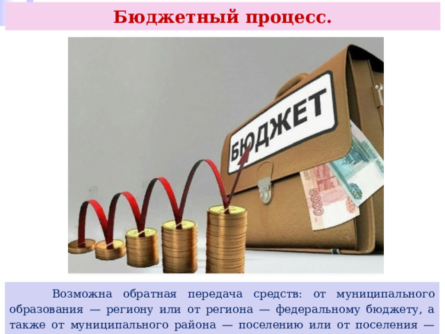Бюджетный процесс.  Возможна обратная передача средств: от муниципального образования — региону или от региона — федеральному бюджету, а также от муниципального района — поселению или от поселения — муниципальному району. 