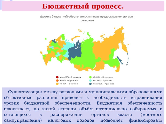 Бюджетный процесс.  Существующие между регионами и муниципальными образованиями объективные различия приводят к необходимости выравнивания уровня бюджетной обеспеченности. Бюджетная обеспеченность показывает, до какой степени объём потенциально собираемых и остающихся в распоряжении органов власти (местного самоуправления) налоговых доходов позволяет финансировать решение задач, которые власти данной территории должны решать по закону. 