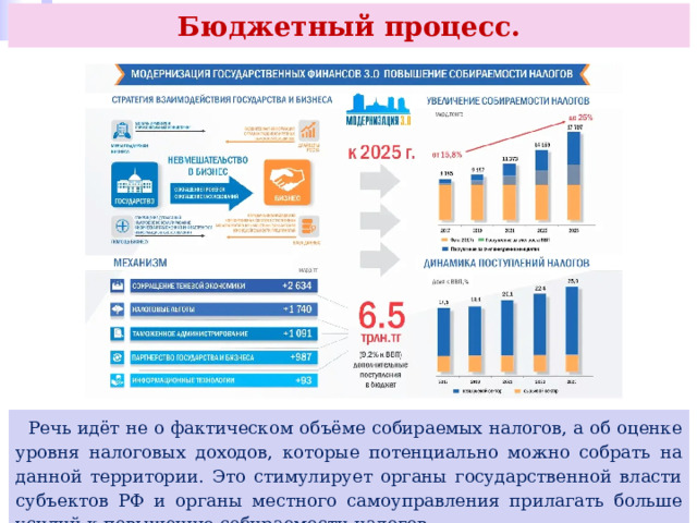 Бюджетный процесс.  Речь идёт не о фактическом объёме собираемых налогов, а об оценке уровня налоговых доходов, которые потенциально можно собрать на данной территории. Это стимулирует органы государственной власти субъектов РФ и органы местного самоуправления прилагать больше усилий к повышению собираемости налогов. 