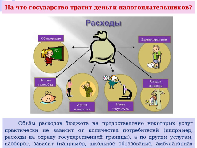 На что государство тратит деньги налогоплательщиков?  Объём расходов бюджета на предоставление некоторых услуг практически не зависит от количества потребителей (например, расходы на охрану государственной границы), а по другим услугам, наоборот, зависит (например, школьное образование, амбулаторная или поликлиническая помощь). 
