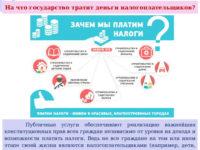 На что государство тратит деньги налогоплательщиков?  Публичные услуги обеспечивают реализацию важнейших конституционных прав всех граждан независимо от уровня их дохода и возможности платить налоги. Ведь не все граждане на том или ином этапе своей жизни являются налогоплательщиками (например, дети, пенсионеры, безработные и др.). 