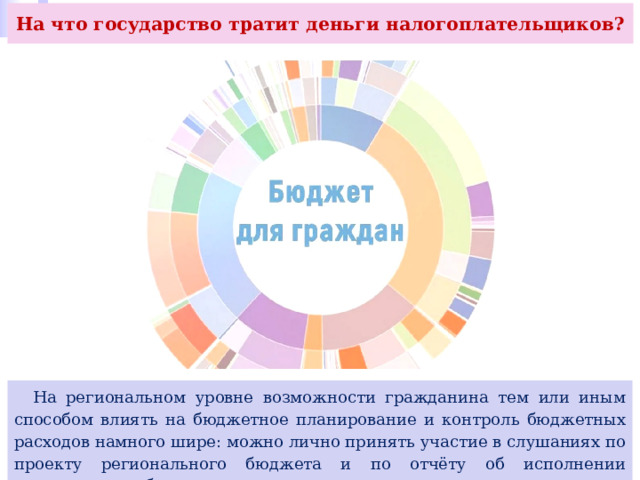 На что государство тратит деньги налогоплательщиков?  На региональном уровне возможности гражданина тем или иным способом влиять на бюджетное планирование и контроль бюджетных расходов намного шире: можно лично принять участие в слушаниях по проекту регионального бюджета и по отчёту об исполнении регионального бюджета. 