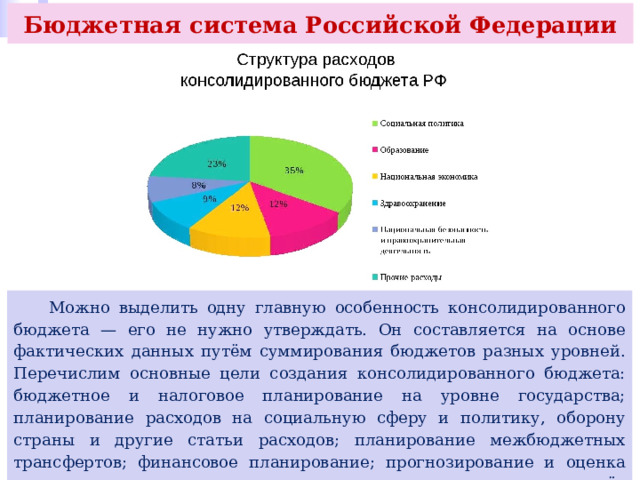 Бюджетная система Российской Федерации  Можно выделить одну главную особенность консолидированного бюджета — его не нужно утверждать. Он составляется на основе фактических данных путём суммирования бюджетов разных уровней. Перечислим основные цели создания консолидированного бюджета: бюджетное и налоговое планирование на уровне государства; планирование расходов на социальную сферу и политику, оборону страны и другие статьи расходов; планирование межбюджетных трансфертов; финансовое планирование; прогнозирование и оценка социально-экономического развития страны; расчёт специализированных показателей (расходы на одного гражданина или служащего и др.). 