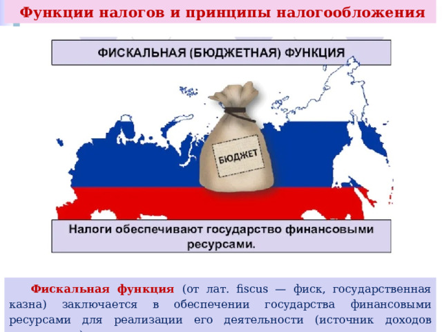  Функции налогов и принципы налогообложения  Фискальная функция (от лат. fiscus — фиск, государственная казна) заключается в обеспечении государства финансовыми ресурсами для реализации его деятельности (источник доходов государства). 