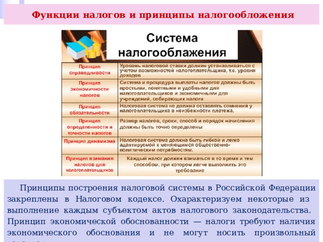  Функции налогов и принципы налогообложения  Принципы построения налоговой системы в Российской Федерации закреплены в Налоговом кодексе. Охарактеризуем некоторые из выполнение каждым субъектом актов налогового законодательства. Принцип экономической обоснованности — налоги требуют наличия экономического обоснования и не могут носить произвольный характер. 
