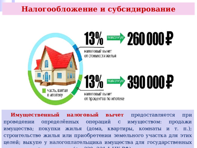 Налогообложение и субсидирование  Имущественный налоговый вычет предоставляется при проведении определённых операций с имуществом: продажи имущества; покупки жилья (дома, квартиры, комнаты и т. п.); строительстве жилья или приобретении земельного участка для этих целей; выкупе у налогоплательщика имущества для государственных или муниципальных нужд (ст. 220, 221.1 НК РФ). 