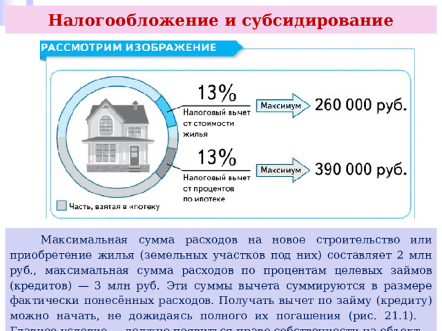 Налогообложение и субсидирование  Максимальная сумма расходов на новое строительство или приобретение жилья (земельных участков под них) составляет 2 млн руб., максимальная сумма расходов по процентам целевых займов (кредитов) — 3 млн руб. Эти суммы вычета суммируются в размере фактически понесённых расходов. Получать вычет по займу (кредиту) можно начать, не дожидаясь полного их погашения (рис. 21.1). Главное условие — должно появиться право собственности на объект. 