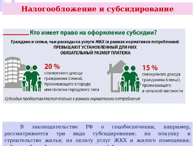Налогообложение и субсидирование  В законодательстве РФ о соцобеспечении, например, рассматривается три вида субсидирования: на покупку и строительство жилья; на оплату услуг ЖКХ и жилого помещения; субсидия безработным, создающим свой бизнес. 