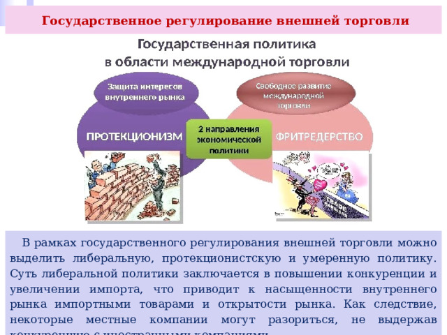  Государственное регулирование внешней торговли  В рамках государственного регулирования внешней торговли можно выделить либеральную, протекционистскую и умеренную политику. Суть либеральной политики заключается в повышении конкуренции и увеличении импорта, что приводит к насыщенности внутреннего рынка импортными товарами и открытости рынка. Как следствие, некоторые местные компании могут разориться, не выдержав конкуренцию с иностранными компаниями. 