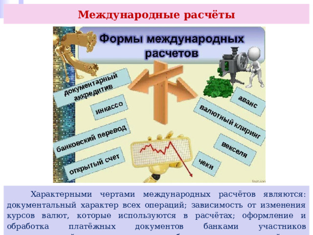 Международные расчёты  Характерными чертами международных расчётов являются: документальный характер всех операций; зависимость от изменения курсов валют, которые используются в расчётах; оформление и обработка платёжных документов банками участников внешнеторговой сделки; наличие общепринятых гарантий при осуществлении расчётов. 