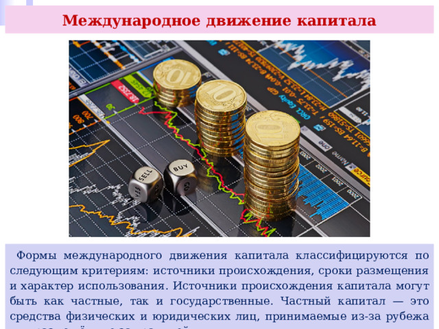 Международное движение капитала  Формы международного движения капитала классифицируются по следующим критериям: источники происхождения, сроки размещения и характер использования. Источники происхождения капитала могут быть как частные, так и государственные. Частный капитал — это средства физических и юридических лиц, принимаемые из-за рубежа или размещённые за границей. 