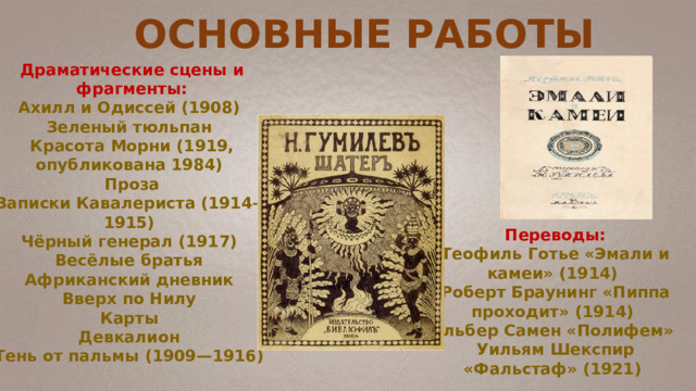Драматические сцены и фрагменты: Ахилл и Одиссей (1908) Переводы: Зеленый тюльпан Теофиль Готье «Эмали и камеи» (1914) Красота Морни (1919, опубликована 1984) Роберт Браунинг «Пиппа проходит» (1914) Альбер Самен «Полифем» Проза Уильям Шекспир «Фальстаф» (1921) Записки Кавалериста (1914—1915) Чёрный генерал (1917) Весёлые братья Африканский дневник Вверх по Нилу Карты Девкалион Тень от пальмы (1909—1916) ОСНОВНЫЕ РАБОТЫ 