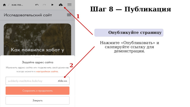  Шаг 8 — Публикация 1  Опубликуйте страницу Нажмите «Опубликовать» и скопируйте ссылку для демонстрации. 2 