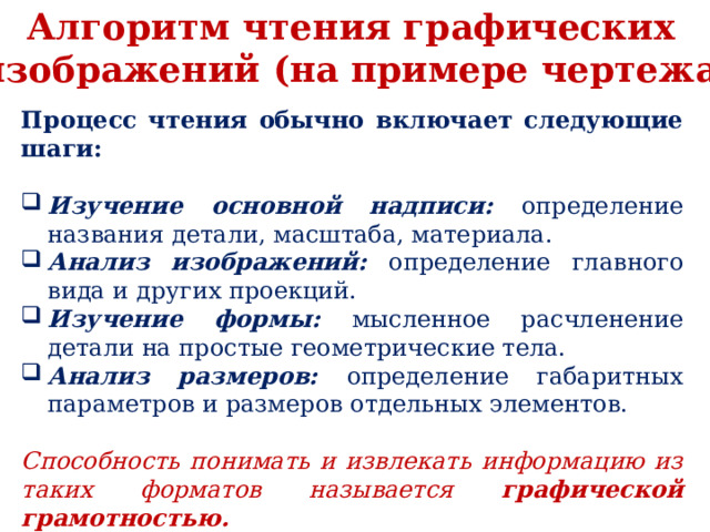 Алгоритм чтения графических изображений (на примере чертежа) Процесс чтения обычно включает следующие шаги:  Изучение основной надписи: определение названия детали, масштаба, материала. Анализ изображений: определение главного вида и других проекций. Изучение формы: мысленное расчленение детали на простые геометрические тела. Анализ размеров: определение габаритных параметров и размеров отдельных элементов. Способность понимать и извлекать информацию из таких форматов называется графической грамотностью. 