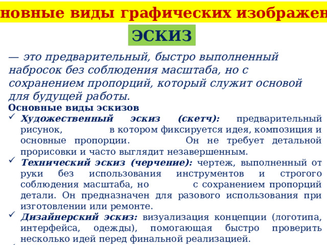 Основные виды графических изображений ЭСКИЗ — это предварительный, быстро выполненный набросок без соблюдения масштаба, но с сохранением пропорций, который служит основой для будущей работы. Основные виды эскизов Художественный эскиз (скетч): предварительный рисунок, в котором фиксируется идея, композиция и основные пропорции. Он не требует детальной прорисовки и часто выглядит незавершенным. Технический эскиз (черчение): чертеж, выполненный от руки без использования инструментов и строгого соблюдения масштаба, но с сохранением пропорций детали. Он предназначен для разового использования при изготовлении или ремонте. Дизайнерский эскиз: визуализация концепции (логотипа, интерфейса, одежды), помогающая быстро проверить несколько идей перед финальной реализацией. Цифровой эскиз: работа, созданная в графических редакторах с помощью планшета или стилуса. 