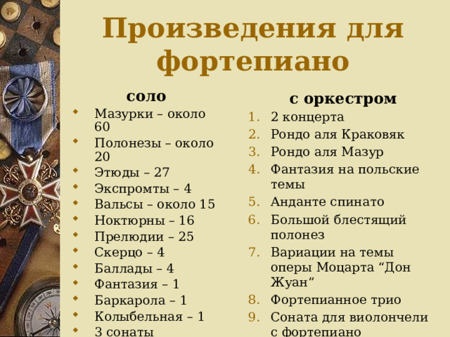 Произведения для фортепиано соло с оркестром Мазурки – около 60 Полонезы – около 20 Этюды – 27 Экспромты – 4 Вальсы – около 15 Ноктюрны – 16 Прелюдии – 25 Скерцо – 4 Баллады – 4 Фантазия – 1 Баркарола – 1 Колыбельная – 1 3 сонаты 2 концерта Рондо аля Краковяк Рондо аля Мазур Фантазия на польские темы Анданте спинато Большой блестящий полонез Вариации на темы оперы Моцарта “Дон Жуан” Фортепианное трио Соната для виолончели с фортепиано 