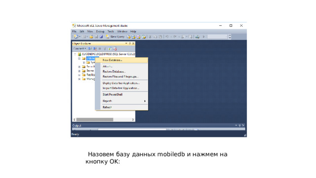  Назовем базу данных mobiledb и нажмем на кнопку OK: 