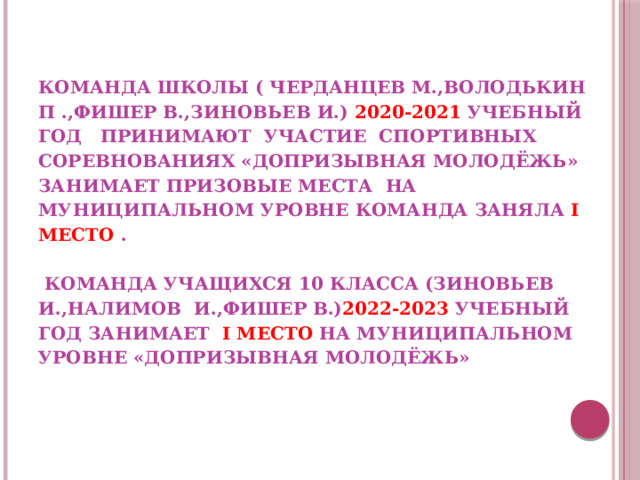 Команда школы ( Черданцев М.,Володькин П .,Фишер В.,Зиновьев И.) 2020-2021 учебный год принимают участие спортивных соревнованиях «Допризывная молодёжь» занимает призовые места на муниципальном уровне команда заняла I место .   Команда учащихся 10 класса (Зиновьев И.,Налимов И.,Фишер В.) 2022-2023 учебный год занимает I место на муниципальном уровне «Допризывная молодёжь»               
